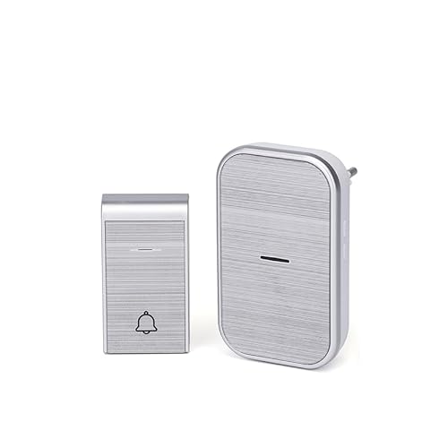 Timbre inalámbrico plateado, funcionamiento a batería, fácil instalación, ideal para casas y oficinas, avisa de visitas y entregas.