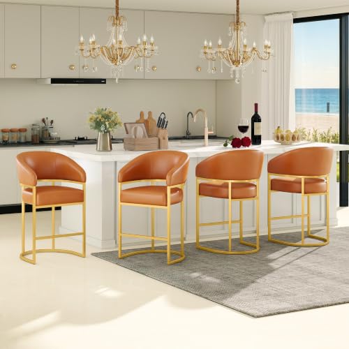 Butacos Modernos de Altura para Isla de Cocina, Juego de 4, Tapizados en Cuero Sintético Marrón Camel con Estructura Metálica Dorada, Soportan 480 lb miniatura 1