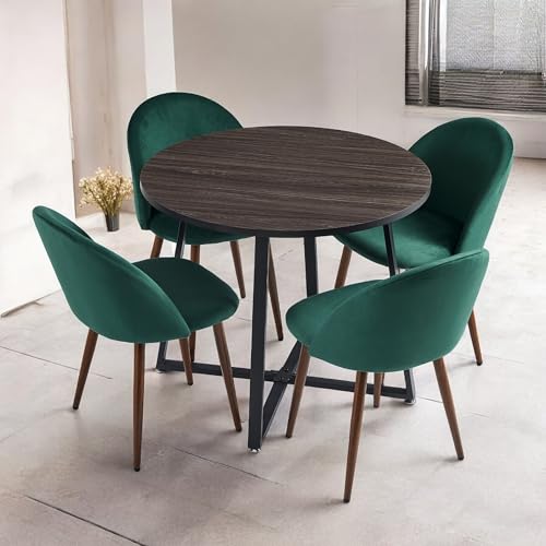 Image of 5-Piece Modern Round Dining Table Set, 35'' Wooden Table with 4 Velvet Upholstered Chairs, Compact Space-Saving Furniture for Small Apartments, Kitchens, and Dining Rooms (Gray Top, Green)