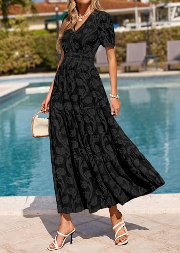 Image of KIRUNDO Summer Dresses for Women 2026 Boho Flowy Casual Short Sleeve V Neck Elastic Waist Floral Long Baby Shower Maxi Dress