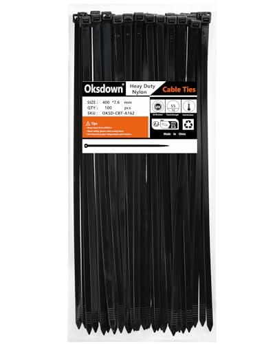 Oksdown 100 Pack Black Thick Cable Ties Heavy Duty Large 400mm×7.6mm Strong Nylon Plastic Self Locking 16 inch/40 cm Long Zip Tie Wraps