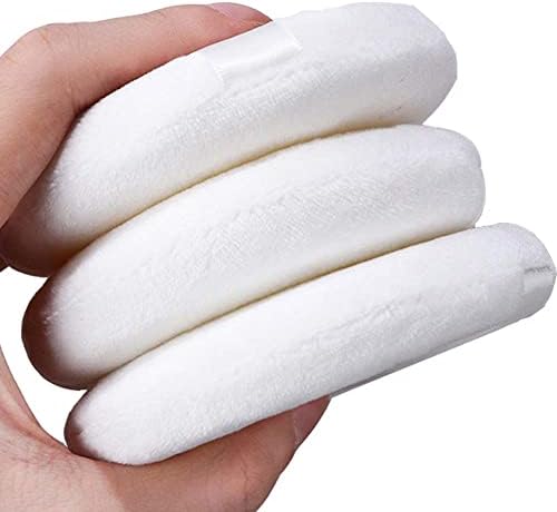 YMrott 4.13 Inch Large Loose Powder Puffs Reusable Round Ultra Soft Velour Fluffy Body with Ribbon Band Handle Makeup Tool 3 Pcs White
