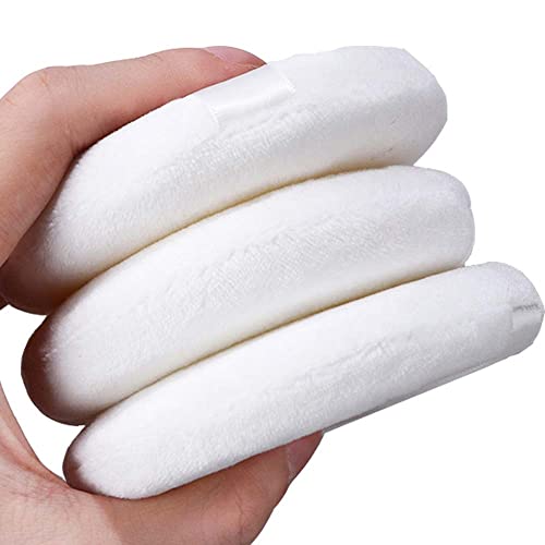 Ymrott 4.13 Inch Large Loose Powder Puffs Reusable Round Ultra Soft Velour Fluffy Body With Ribbon Band Handle Makeup Tool 3 Pcs White #TOP3