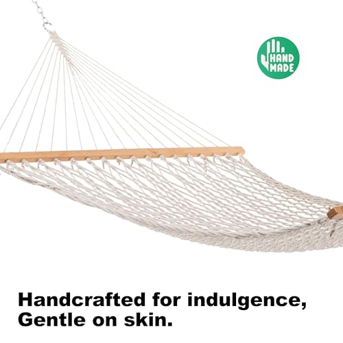 GAFETE 12ft Double Hammocks for Outside, Handwoven Traditional Cotton Rope 2 Person Hammock with Hardwood Spreader Bar, Chains & Hooks for Indoor Outdoor, Max 450 lbs Capacity (Natural Beige, Medium) by gafete - Image 3