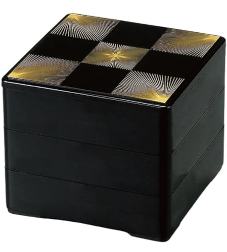 J-kitchens 重箱 3段 5寸 彩 お重箱 黒松葉市松 15.1cm x 15.1cm x 13.3cm 日本製