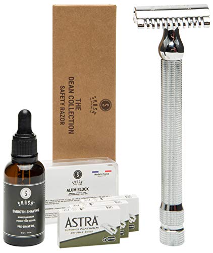 SHASH Dean Collection Double Edge Open Comb Safety Razor, Silver, Provides Super Close Shave, Includes Astra Blades, Alum Block and Pre Shave Oil - Sylish Design - Premium Quality Brass and Chrome