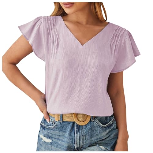 Camisetas de verano para mujer, con cuello en V, manga con volantes, elegante, casual, holgada, elegante, ropa de oficina, Púrpura, M