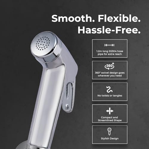 Image of Mila Health Faucet Pixflow | ABS Chrome Handheld Bidet Spray| with 1.2m SS304 Hose Pipe | Modern Jet Spray for Toilet Hygiene | Anti-Slip Grip, Leak-Free, Easy Install | Bathroom Fitting