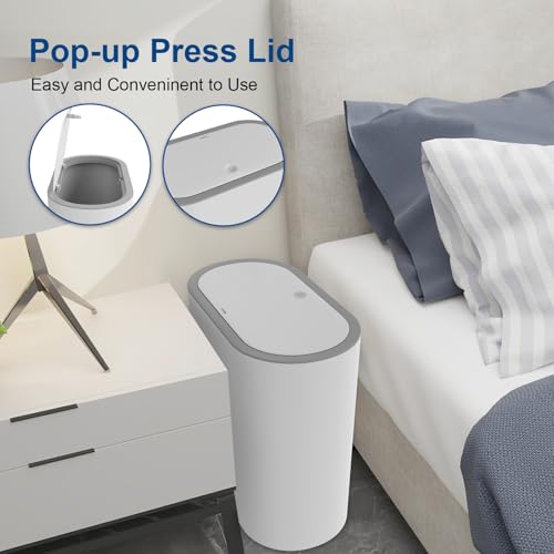 Image of Naisu 15 Liter Rectangular Plastic Trash Can Wastebasket with Press Type Lid,4 Gallon Slim Plastic Trash Bin, Trash Can Waste Bins for Bedroom, Bathroom, Office, Kitchen， Powder Room（White）