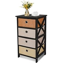 ECOMEX Nightstand with 4 Drawers, Night Stands for Bedroom, Small Storage Bedside Table Fabric Bins, Wood Frame, Easy Assembly, Black + Orange, Drawer, 4 Drawer Nightstand