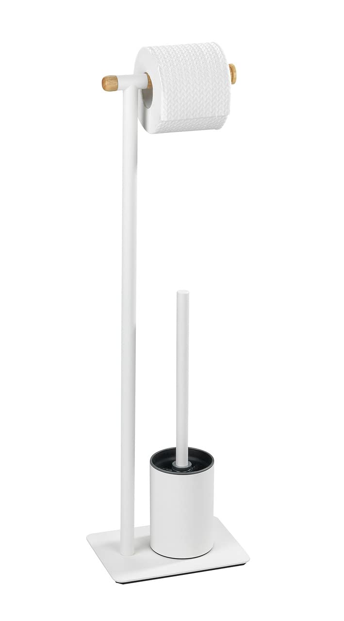 WENKO Stand WC-Garnitur Macao - WC-Bürstenhalter, Stahl, 21 x 70.5 x 15 cm, Weiß, weiß / braun, 70.5 x 15 x 21 cm