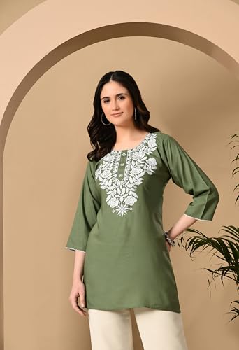 Image of LIBOZA Kurti for Women - Short Chikankari Kurtis for Girls, Lakhnawi Tunic Top Kurta Design for Ladies, Woman Ethnic Kurthis & Shirt with Sleeve