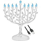 The Dreidel Company Large 12 Inch High LED Electric Silver Hanukkah Tree of Life Menorah - Includes a Micro USB 4' Charging Cable or Uses 3 AA Batteries (not Included)
