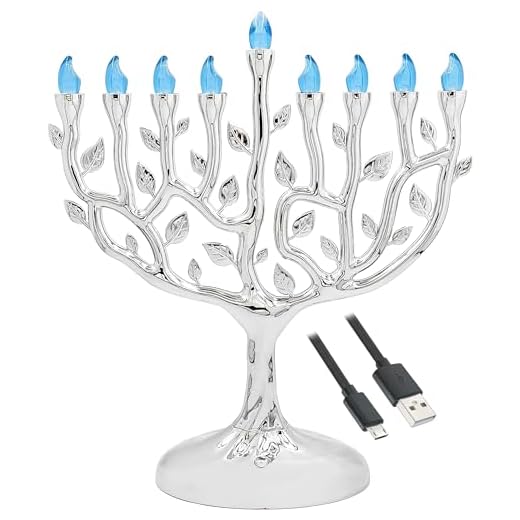 The Dreidel Company Traditional LED Electric Silver Hanukkah Menorah - Battery or USB Powered - Includes a Micro USB 4' Charging Cable