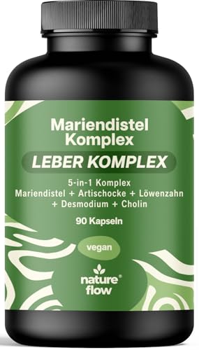 Mariendistel Artischocke Löwenzahn Komplex Hochdosiert – 90 Kapseln – Leberkomplex 5-in-1 Komplex mit Mariendistel, Artischocke, Löwenzahn, Desmodium & Cholin, Leberkur – Vegan, Laborgeprüft