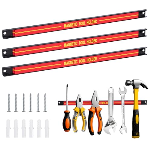 T-LOVENDO.ES Set de 3 Barras Magnéticas para Herramientas | Soporte Metálico de Pared con Imán Fuerte y Tornillos | 30 cm | Organizador para Taller, Garaje, Cocina o Bricolaje