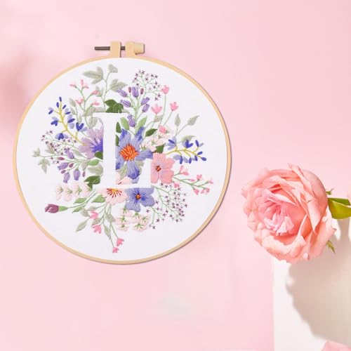 Image of IUHUI Embroidery Kit for Beginners Adults - 26 Floral Letters Easy Patterns, DIY Hand Stitching Embroidery Set with Hoop (Flower and Grass Letter L)