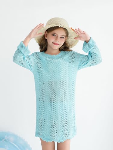 Haloumoning Girls Crochet Swim Cover up Kids Beach Summer Long Sleeve Hollow Out Coverup 5-14 Years3