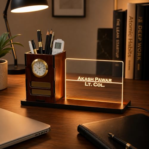 Image of Zesta Wooden Desk Organizer Pen Stand Remote Holder Card Slot | Table Accessory Office Desk Study Room | Pencil Storage Stand Stylish Workspace Decor (Wallnut, Custom Organiser)