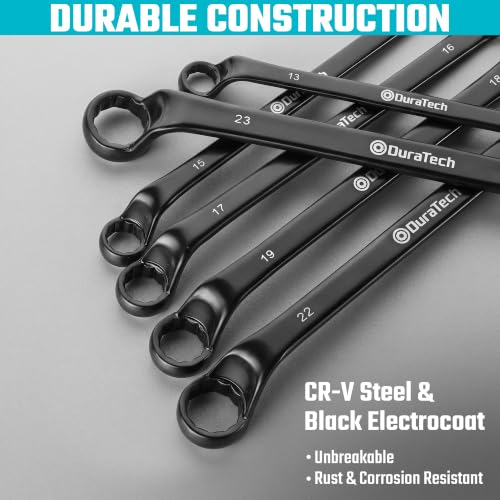 Image of DURATECH 9-Piece Offset Box Wrench Set, Metric, 6mm-23mm | Black Electrocoat, 75-Degree Offset, CR-V Steel, Corrosion Resistance, 9-Piece with 18 Sizes, With Pouch