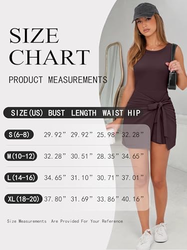 Image of Women Tennis Dress Built in Shorts Summer Sleeveless Bodycon Tie Cinched Waist Mini Athletic Romper Skort Dresses Deep Red Brown Large