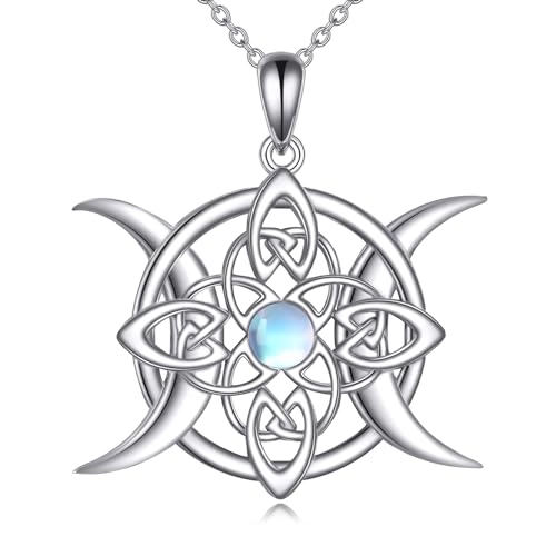 Triple Moon Goddess Sterling Silver Moonstone Pendant Necklace