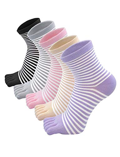 Women's Toe Sock Cute Striped Cotton Five Finger Cat Crew Sock Athletic Running
