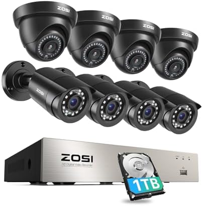 ZOSI 3K Lite Wired Security Camera System Outdoor,8pcs 1920TVL 1080P Surveillance Cameras,80ft Night Vision,8 Channel H.265+ 5MP Lite CCTV DVR with 1TB HDD for 24/7 Recording