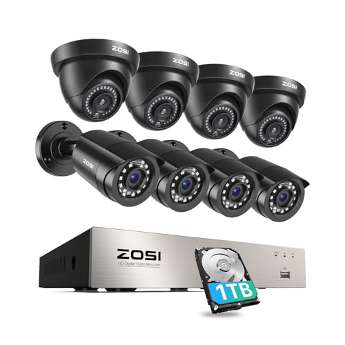 ZOSI 3K Lite Wired Security Camera System Outdoor,8pcs 1920TVL 1080P Surveillance Cameras,80ft Night Vision,8 Channel H.265+ 5MP Lite CCTV DVR with 1T