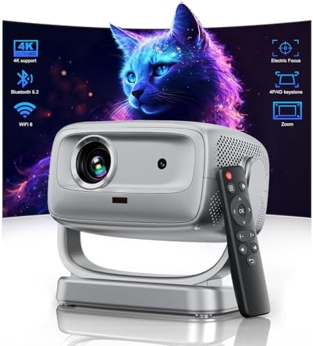 4K Supported Smart Projector with WiFi 6 and Bluetooth 5.1, FHD 1080P Portable Projector with Auto Focus Keystone, Max 300" Screen for Bedroom Ceiling, Camping, iPhone Android TV Stick Compatible