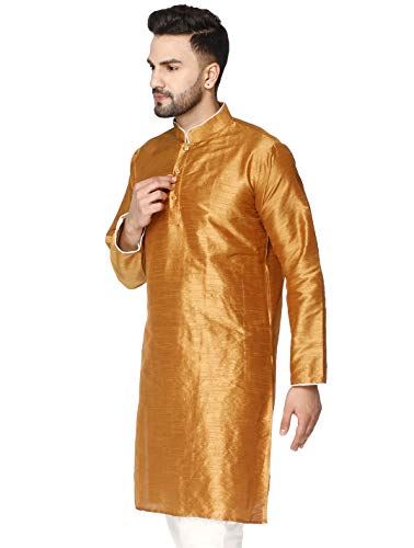 Image of Men's Art Silk Woven Design Long Kurta Mandarin Collar Straight Shirt