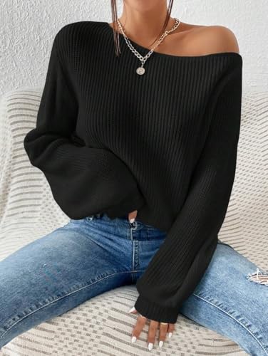 Image of SKAYS Womens Off The Shoulder Sweater Asymmetrical Neck Fall Ribbed Knit Long Sleeve Pullover Sweaters Lightweight Top