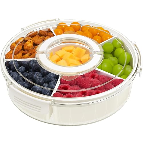 STORICANS Rotating Snack Box Container, Divided Serving Tray with Lid and Handle