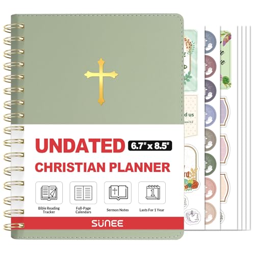 SUNEE Christian Planner - Undated 12 Month Bible Journal and Prayer Planner A5 Spiral Bound Monthly & Weekly Christian Organizer Gifts for Women Men (Grey Green)