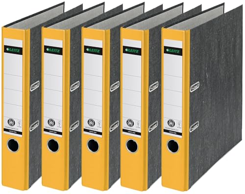 Leitz Qualitäts-Ordner, das Original, DIN A4 Aktenordner 8 cm breit, Wolkenmarmor-Papier, Recycling-Ordner, Blauer Engel, Mit 180° Mechanik, Höchste Stabilität (Schmal, Gelb, 5 Stück)