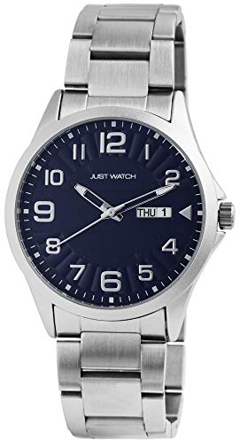 Just Watch Orologio da uomo in acciaio inox, con lancette luminose, data, analogico, al quarzo, JW20114, Colore argento scuro, Bracciale