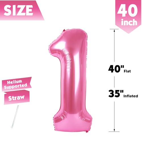 Image of 40 Inch Pink Number 1 Balloon Birthday Party Decorations for Men & Women | 40 Inch Pink inflatable foil number balloons, large birthday decorations for 1st birthday