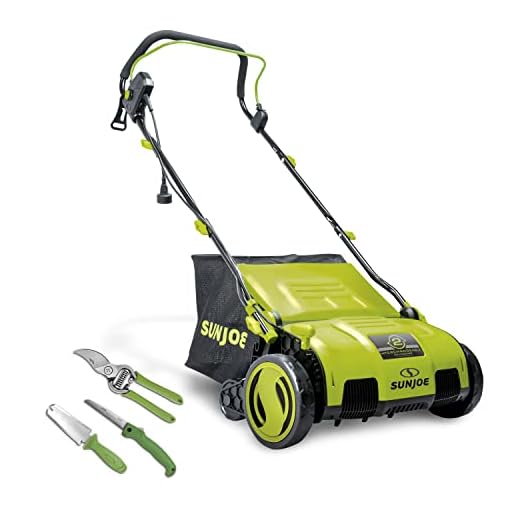 Sun Joe AJ805E 15-Inch 13-Amp Electric Dethatcher and Scarifier w/Removeable 13.2-Gal Collection Bag, 5-Position Height Adjustment, Airboost Technology Increases Lawn Health + 3 Martha Stewart Tools