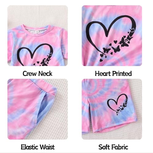 Image of 7-14Y Tween Girl Clothes 2 Piece Short Sleeve Tie Dye Heart Print Top and Shorts Teen Girl Summer Outfits Short Set