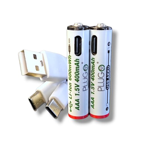 PLUGO | USB Akku | 1,5V AAA Lithium Batterie | mit 2in1 USB TYP-C Ladekabel | 600mWh | 2 St&uuml;ck