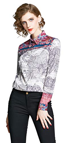 Women's Print Long Sleeves Collared Neck Button up Tops Casual Blouse White