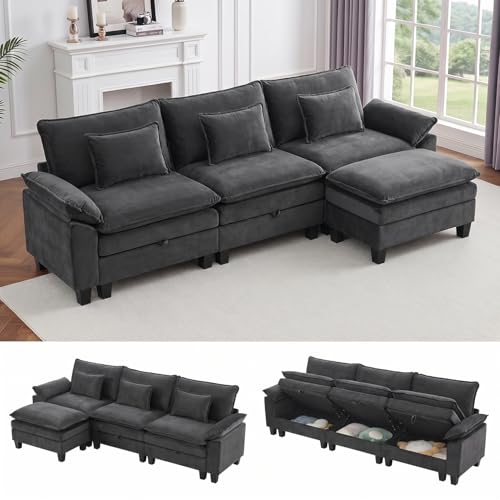Image of IPKIG 117 inch Modular Cloud Couch with Storage, L Shaped Sectional Sofa with Ottoman & Pillow, Velvet Deep Seat Sectional Couches for Living Room, Apartment, Dark Grey