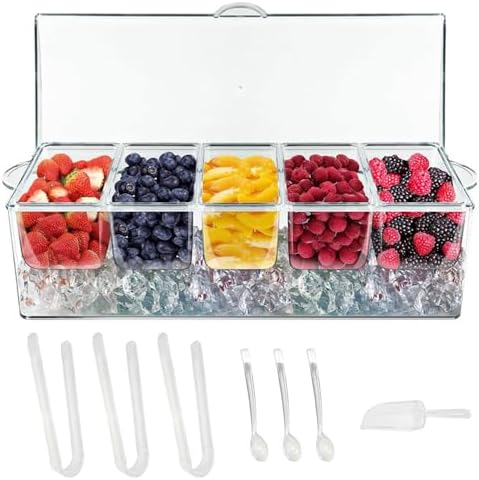 Chilled Condiment Server with Lids,Serving Trays,Condiment Caddy with 5 Containers,Ice Fruit Tray Platter for Bar Accessories,Salad,Taco,Party Garnish
