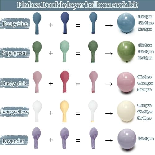 Image of Blue Green Pink Balloon Garland Double Stuffed Sage Green Dusty Blue Pink Purple Lavender Balloons Pastel Balloon Arch Kit for Birthday Baby Shower Gender Reveal Flower Tea Party Decorations