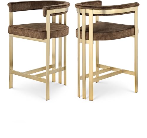 Meridian Furniture 596Brown-C Marcello Collection Modern | Contemporary Velvet Upholstered Counter Height Stool with Brushed Brass Iron Frame, 22.5" W x 20" D x 35.5" H, Brown, Set of 2 by Meridian Furniture - Used condition - US$297.98