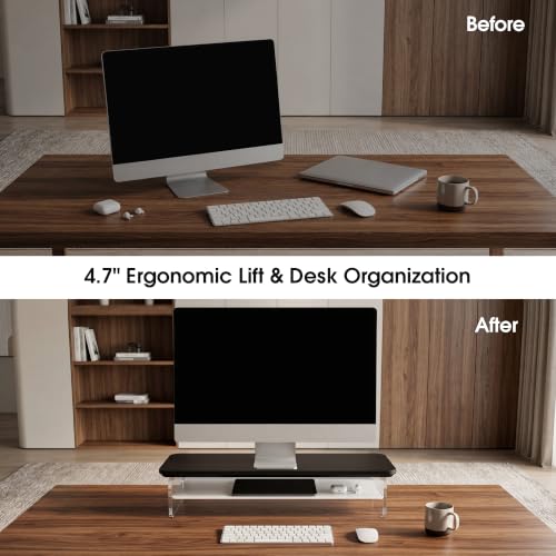 Image of Fenge 23.6 inch Dual Monitor Stand with Clear Acrylic Legs, Black | Clear Acrylic, Storage Compartment, 2-tier Home Office Monitor Riser, Desktop Shelf Fit Monitor /Laptop /Printer