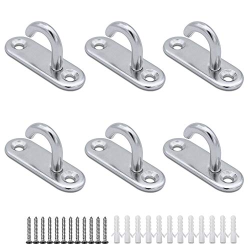 JaneYi (6 Pack) Stainless Steel 304 Ceiling Hooks M5 Oval Open Hooks Pad Eye Plate Anchor Heavy Duty Screw Wall Mount Hook for Hanging Lamp Plant Basket Ceiling Fan Tool Marine Deck Hardware