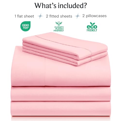 Image of LuxClub 5 PC Split King Sheet Set, Deep Pockets Wrinkle Free Cooling Bed Sheets Hotel Bedding for Women, Men, Includes 1 Fitted Sheet, 1 Flat Sheet and 2 Pillowcases-Baby Pink