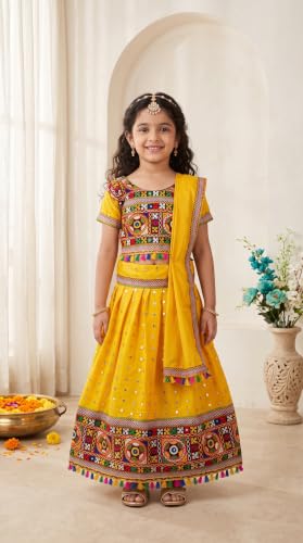 Image of AHHAAAA Girls Lehenga Choli with Dupatta, Kids Embroidered Chaniya Choli Set for Navratri Garba Dandiya Wedding Party Ethnic Outfit Y0045