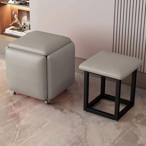 Juego de otomanas apilables 5 en 1, taburetes cúbicos versátiles con Ruedas giratorias, Acabado de Cuero napa apilable, reposapiés y otomanas Elegantes, Banco rodante para Sala de Estar (Col